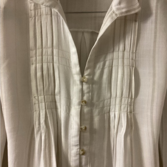 American Rag Cie XXS Peasant Pleated Front Blouse Tie Back White W Tan Stripes - Picture 2 of 9